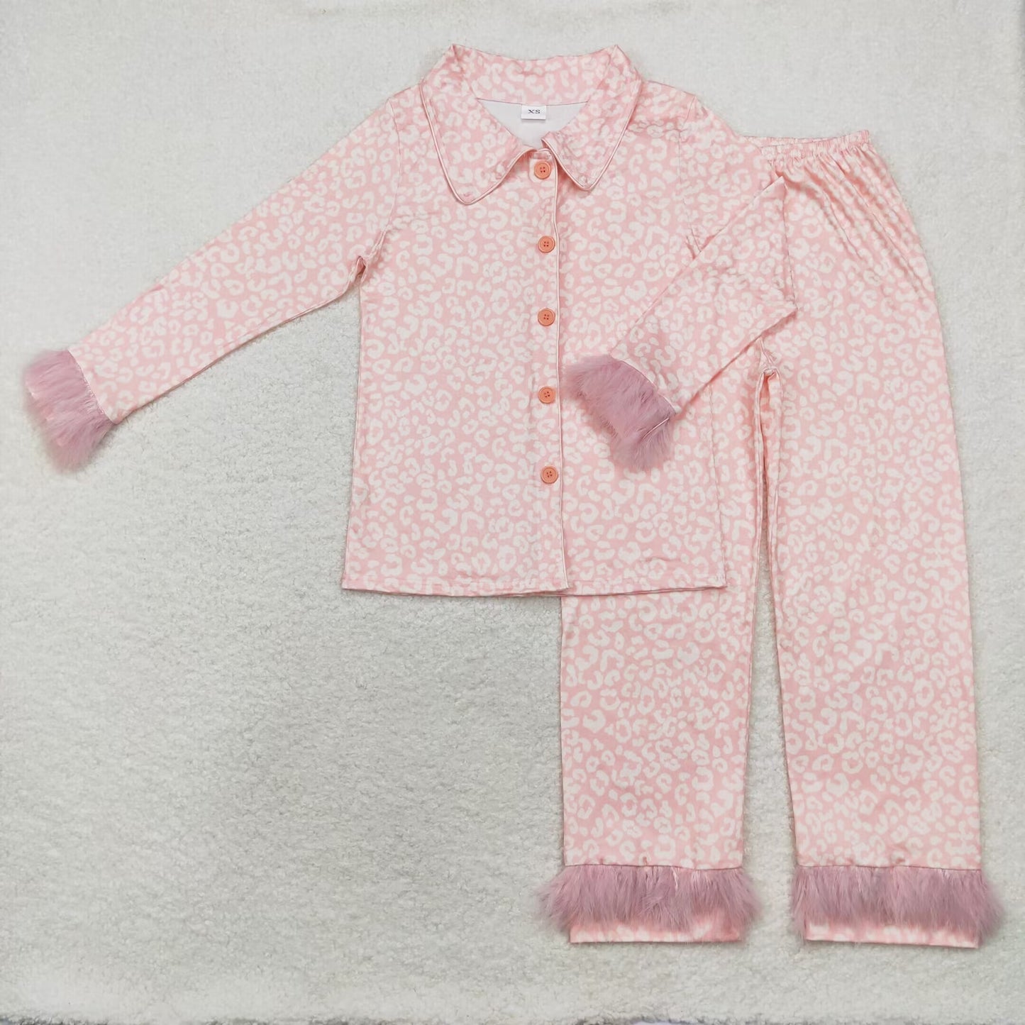 Adult Women Pink Leoaprd Button Up Top Pants Fur Pajamas