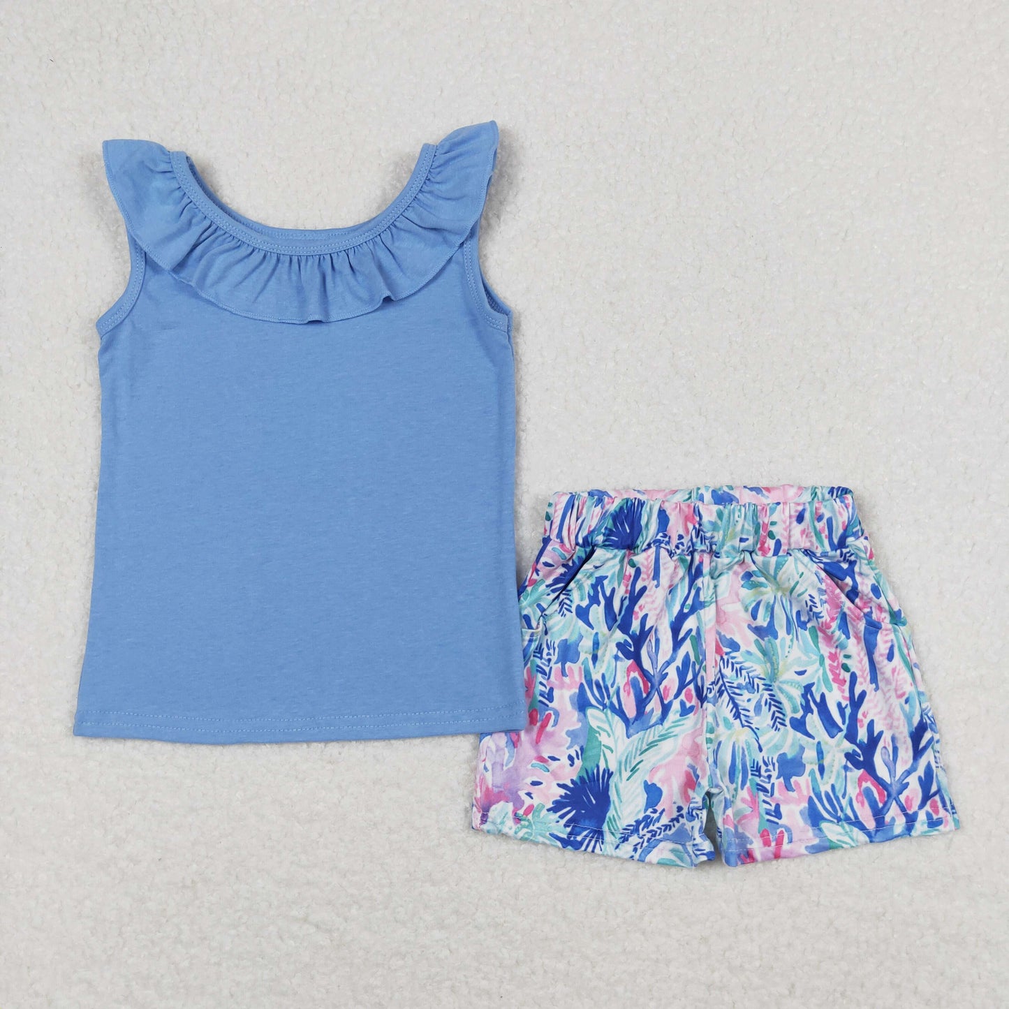 Summer Girls Blue Top Matching Coral Shorts Outfit