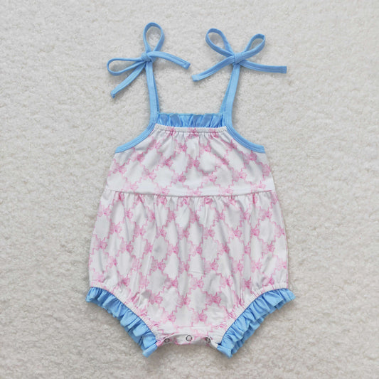 Newborn Baby Girls Pink Bow Strape Bubble Romper