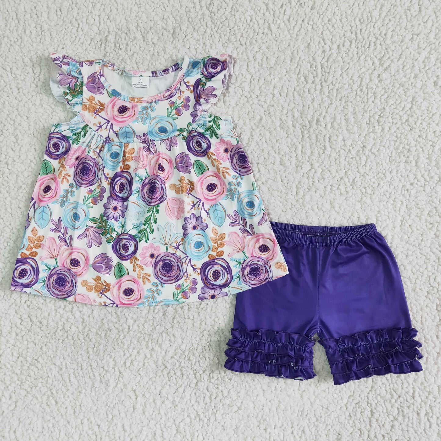 B17-27 Kids Girls Summer Floral Purple Icing Shorts Set On Sale