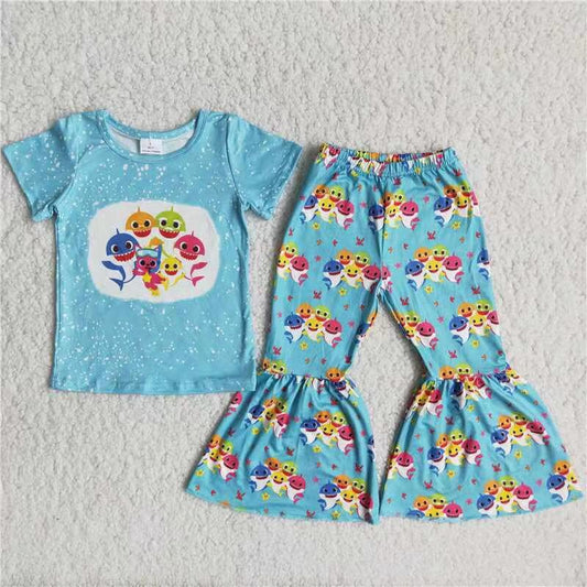 B18-14 Baby Girls Shark Bell Bottom Pants Set