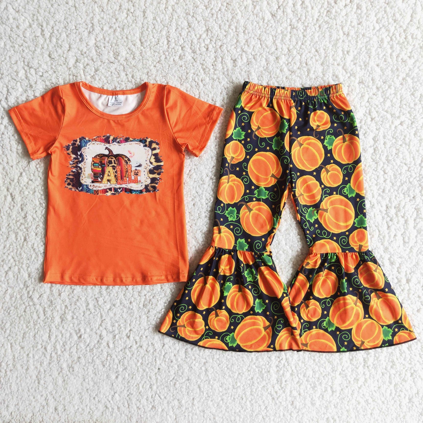 B6-1 kids girl short sleeve pumpkin top with bell bottom pants set
