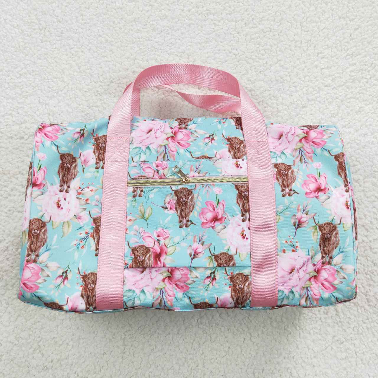 BA0084 Adult Size Highland Cow Floral Duffle Bag