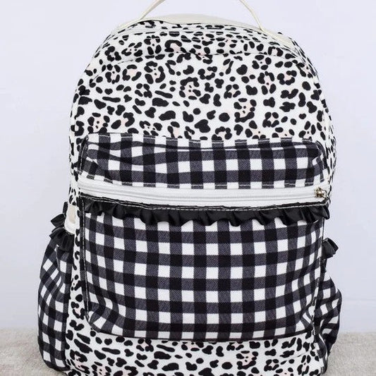 BA0216 Baby Girls Black Leopard Gingham Backpack School Bag Pre-order