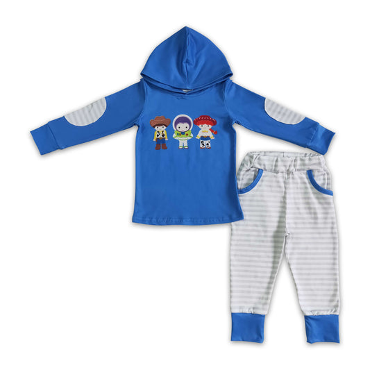 Baby Boys Boy Girl Blue Hoodie Gray Stripe Pocket Pants Set