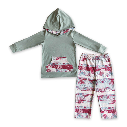 Baby Boys Aqua Pocket Hoodie Deer Snowflake Pants Christmas Set