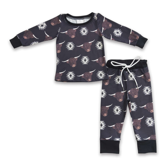 Baby Boys Aztec Bell Skull Print Top Pants Brown Western Pajamas Set