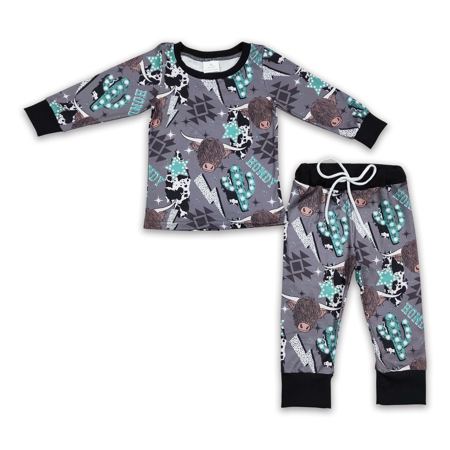 Baby Boys Aztec Bell Skull Cactus Print Top Pants Gray Western Pajamas Set