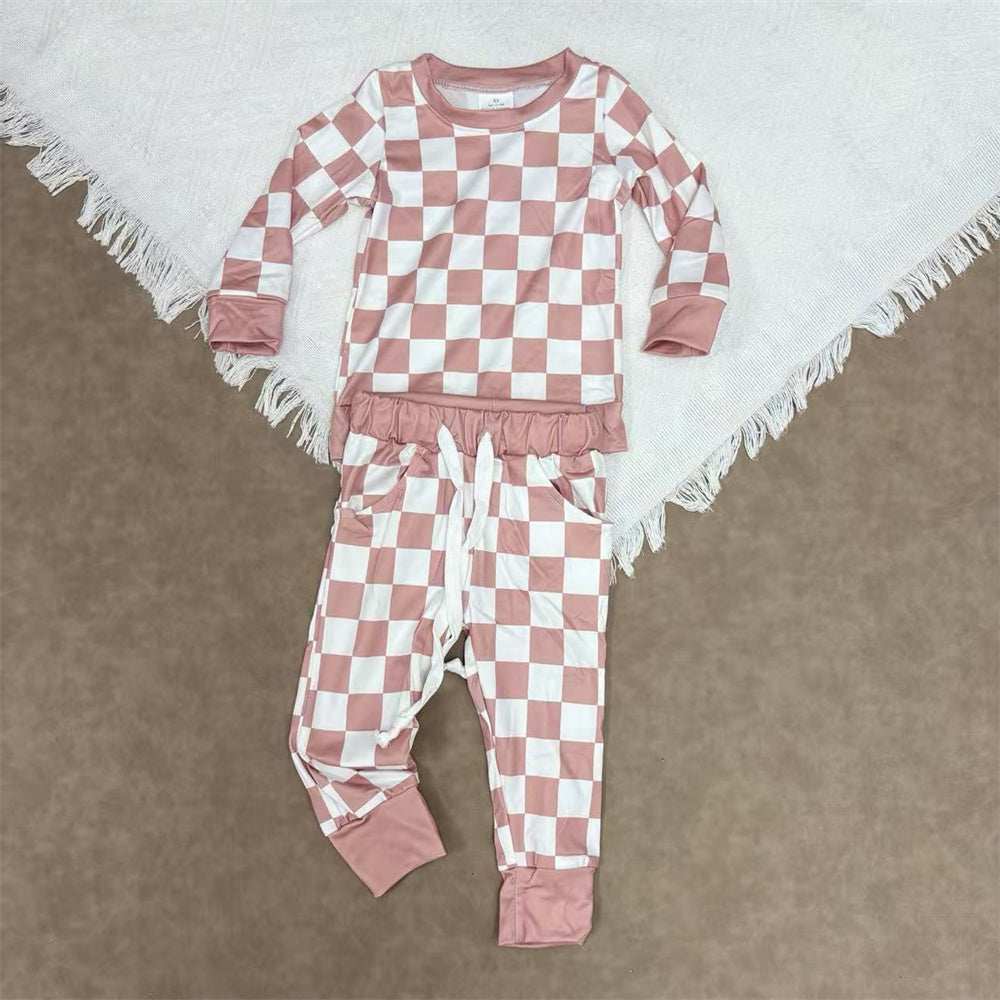 4 Color Sibling Boys Checked Long Sleeve Top With Jogger Set