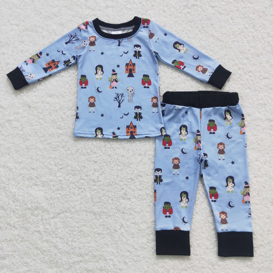 BLP0277 Kids Boys Halloween Cartoon Print Long Sleeve Pajamas Set