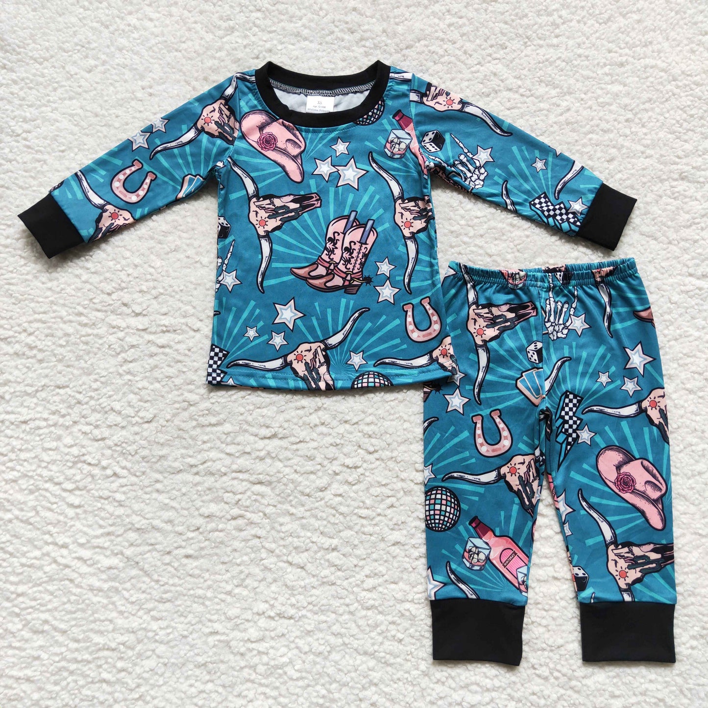 Baby Boys Blue Long Sleeves Bull Skull Print Top Pant Western Pajamas Set