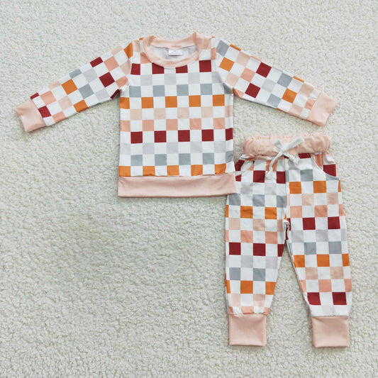 Baby Boys Long Sleeves Pink Gray Plaid Top Pant Pajamas Set