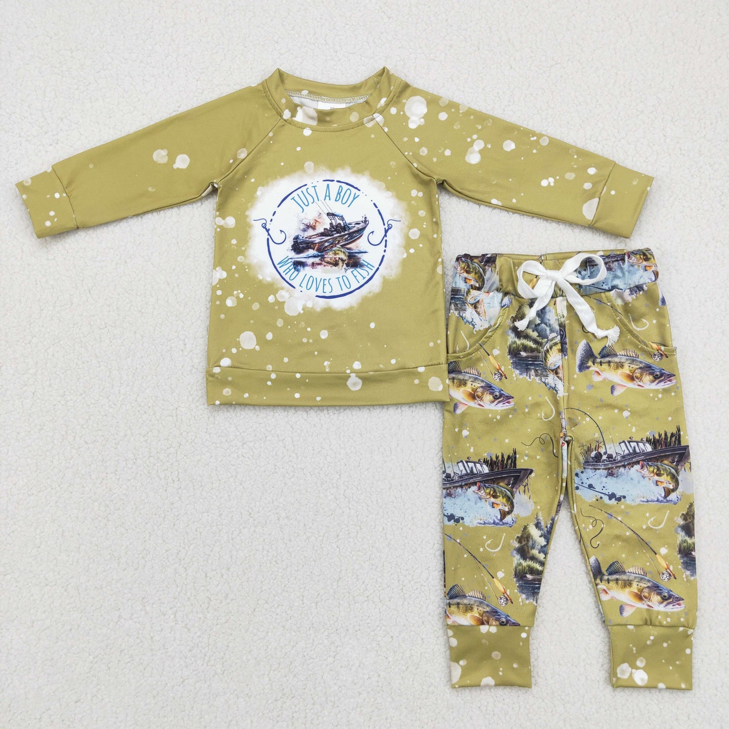 Baby Boys Olive Long Sleeves Fishing Print Top Pocket Pant Hunting Set