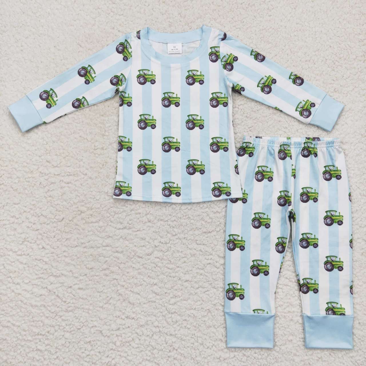 Baby Boys Long Sleeves Light Blue Stripe Green Tractors Print Top Pant Farm Pajamas Set
