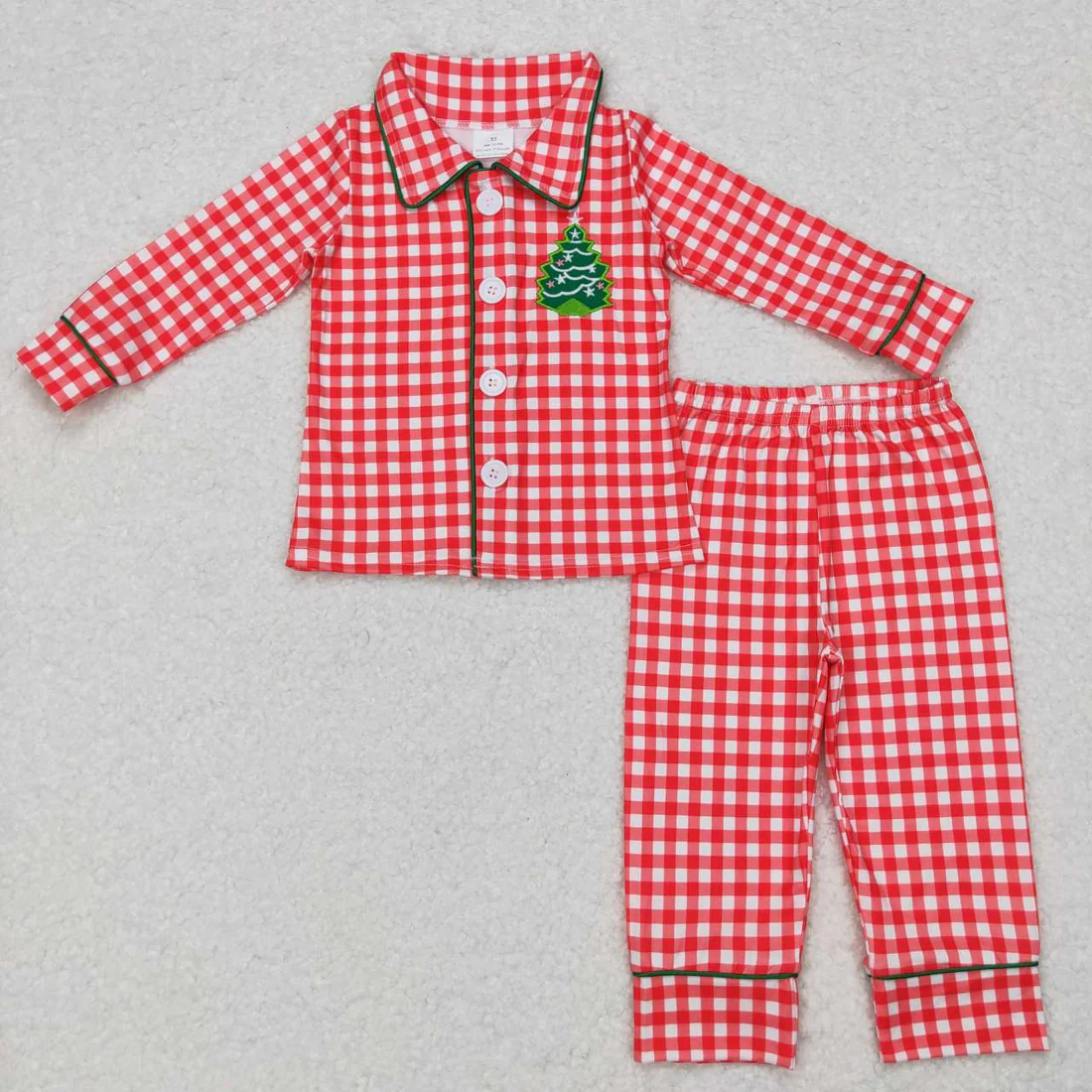 Sibling Boys Girls Christmas Tree Red Gingham Pajama Set