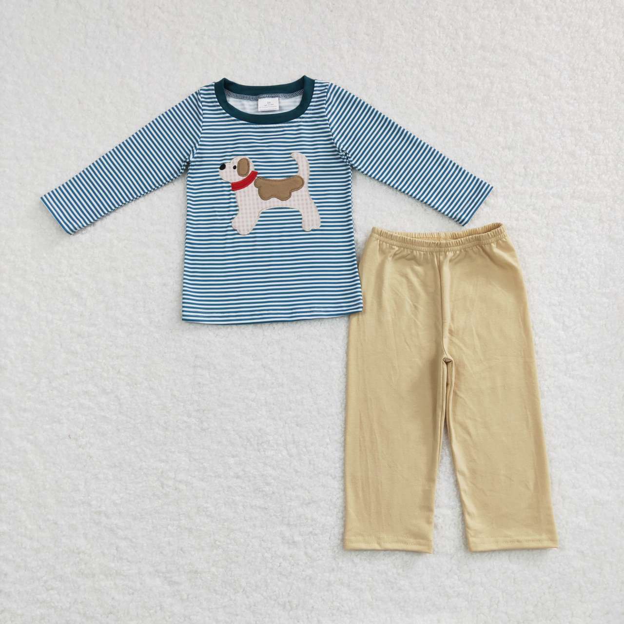 Baby Boys Stripe Long Sleeves Embroidery Dog Top Khaki Pant Set