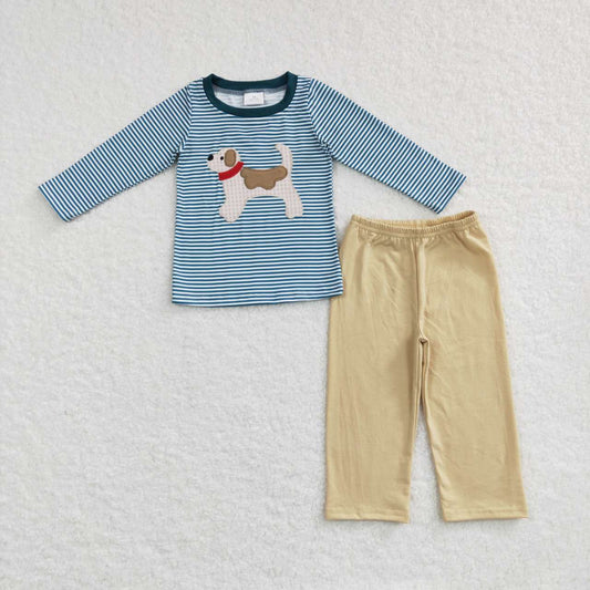 Baby Boys Stripe Long Sleeves Embroidery Dog Top Khaki Pant Set