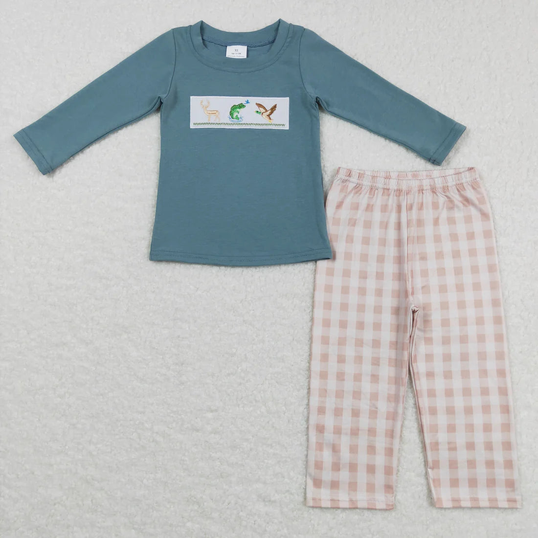 Sibling Baby Boys Embroidery Deer Fish Duck Top Gingham Pants Set /Romper