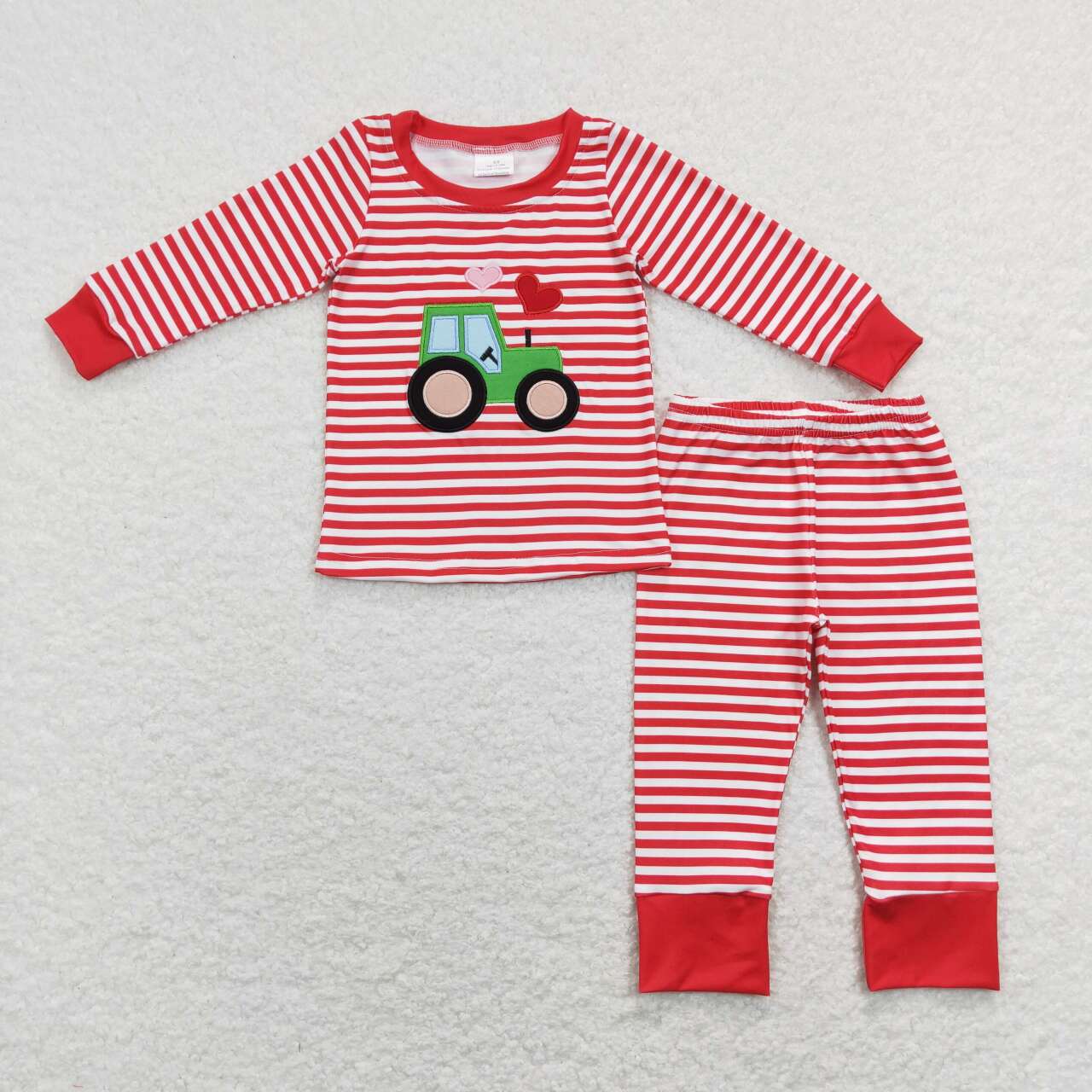 Sibling Girls Boys Valentines Red Stripes Tractor Hearts Outfit and Romper