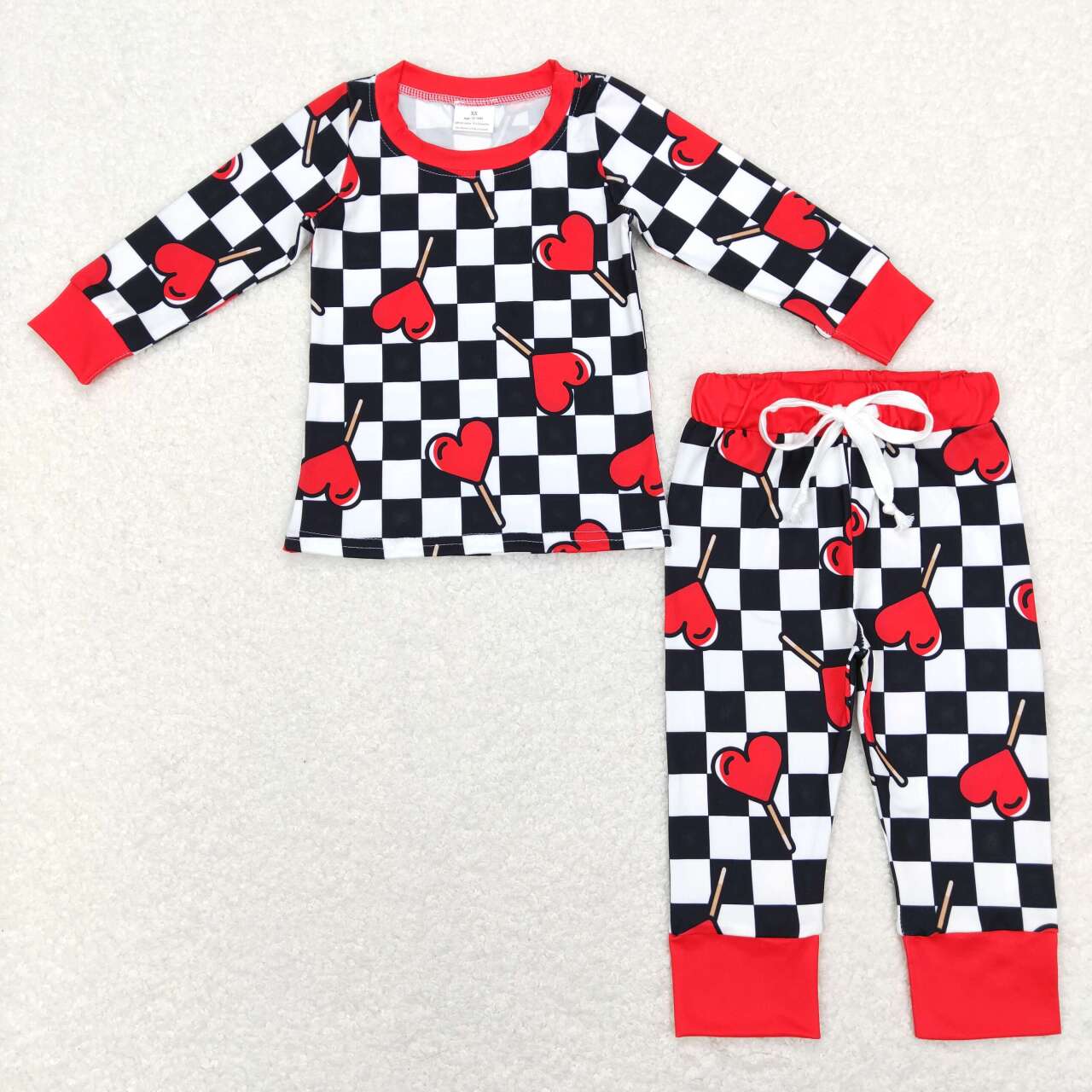 Sibling Baby Boys Valentine's Day Heart lollipop Checked Pajamas /Blanket