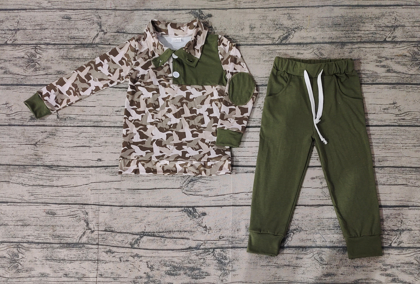 BLP0493 Baby Boys Camo Mallard Pullover Top Green Pants Set