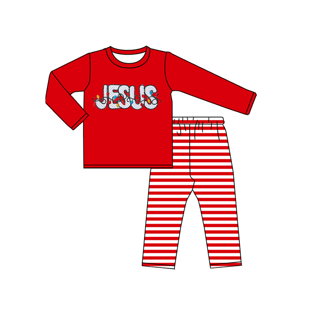 BLP0600 Baby Boys Christmas Outfit Jesus Red Top Striped Pants Set