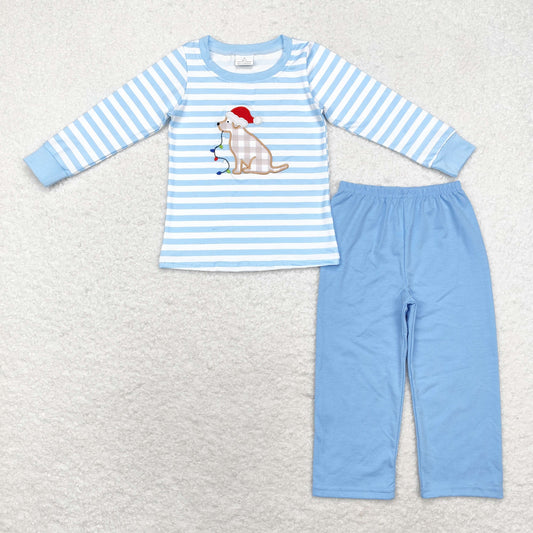 BLP0611 Toddler Baby Boys Chrisrtmas Dog Blue Striped Outfit