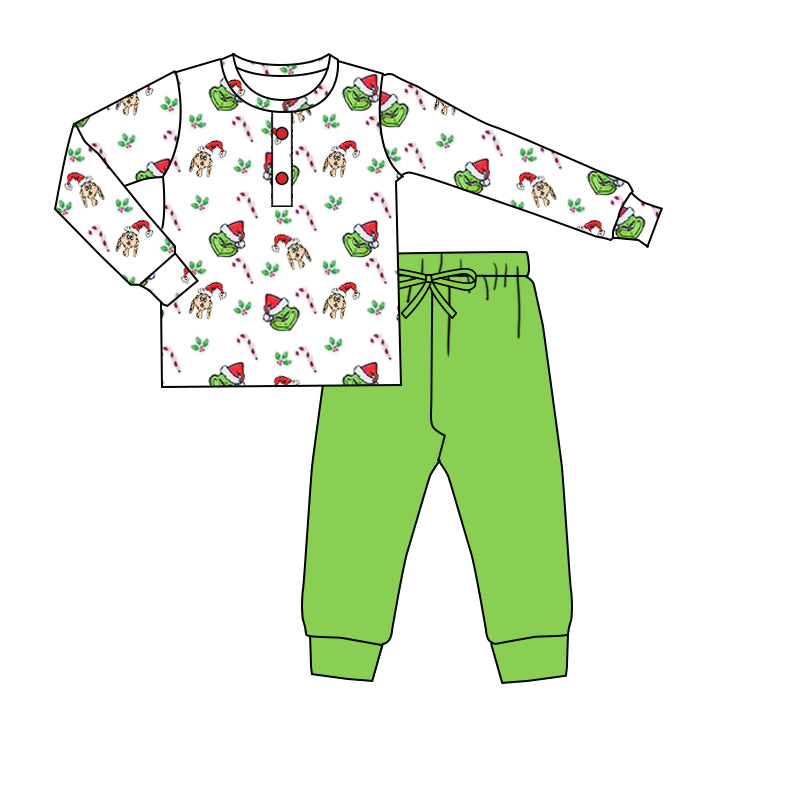 Baby Boys Christmas Green Face Top Green Pants Outfit Preorder