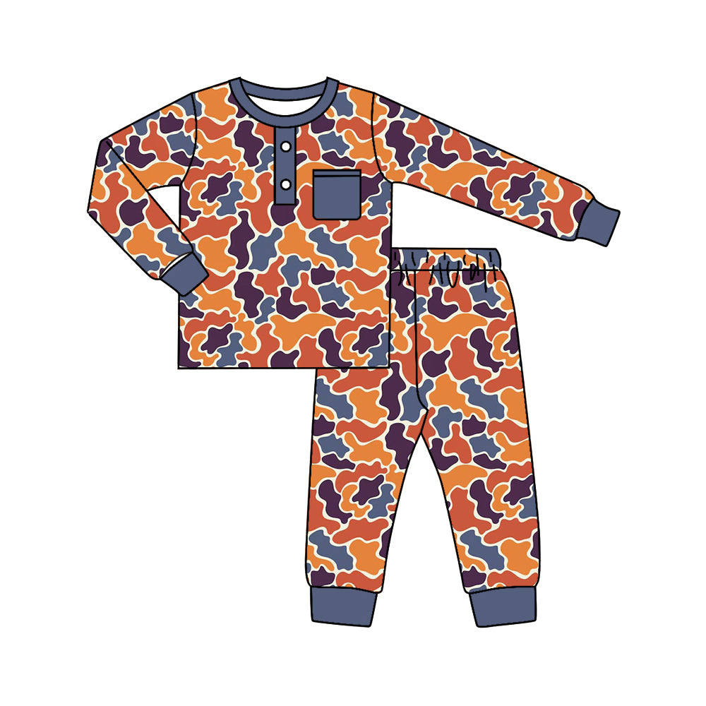 BLP0681 Baby Boys Orange Navy Camo Top Pants Pajamas Clothes Sets Preorder