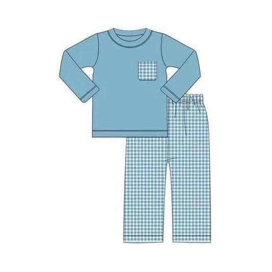 BLP0770 Baby Boys Blue Top +Gingham Pants Outfit Pre-order