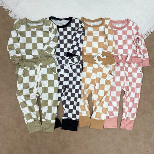 4 Color Sibling Boys Checked Long Sleeve Top With Jogger Set