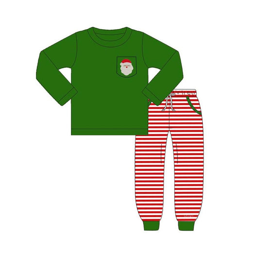 BLP0797 Baby Boys Christmas Santa Green Top Red Striped Pants Outfit Pre-order