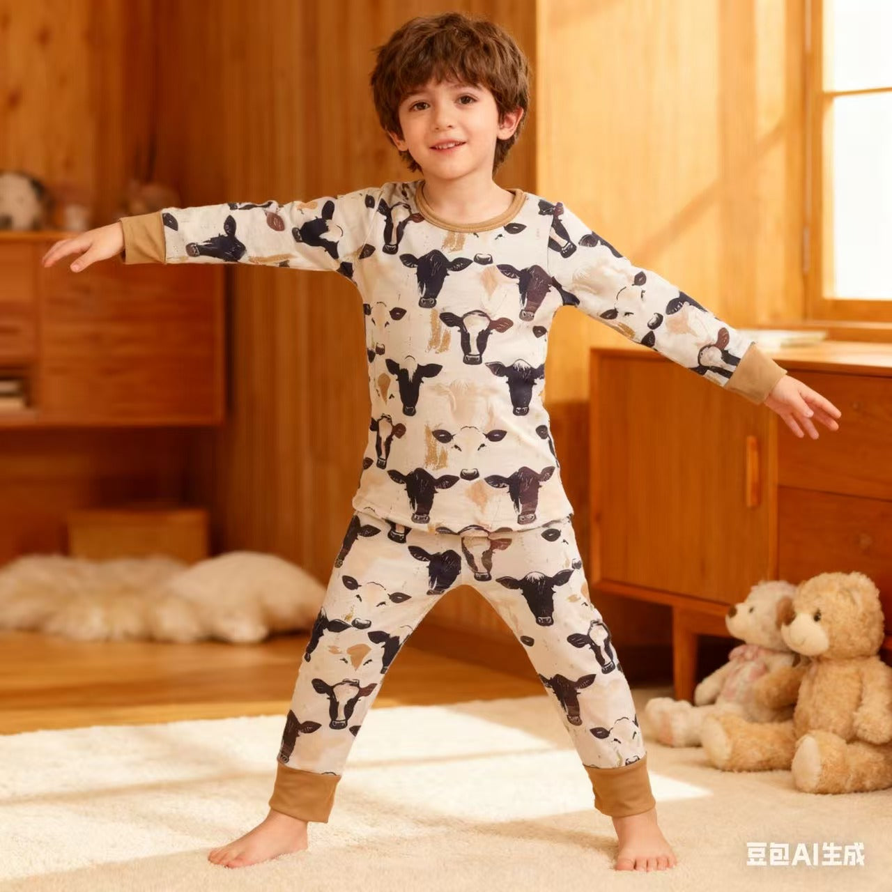 Sibling Baby Boys Western Cows Long Sleeve Pajama Ser /Zipper Romper