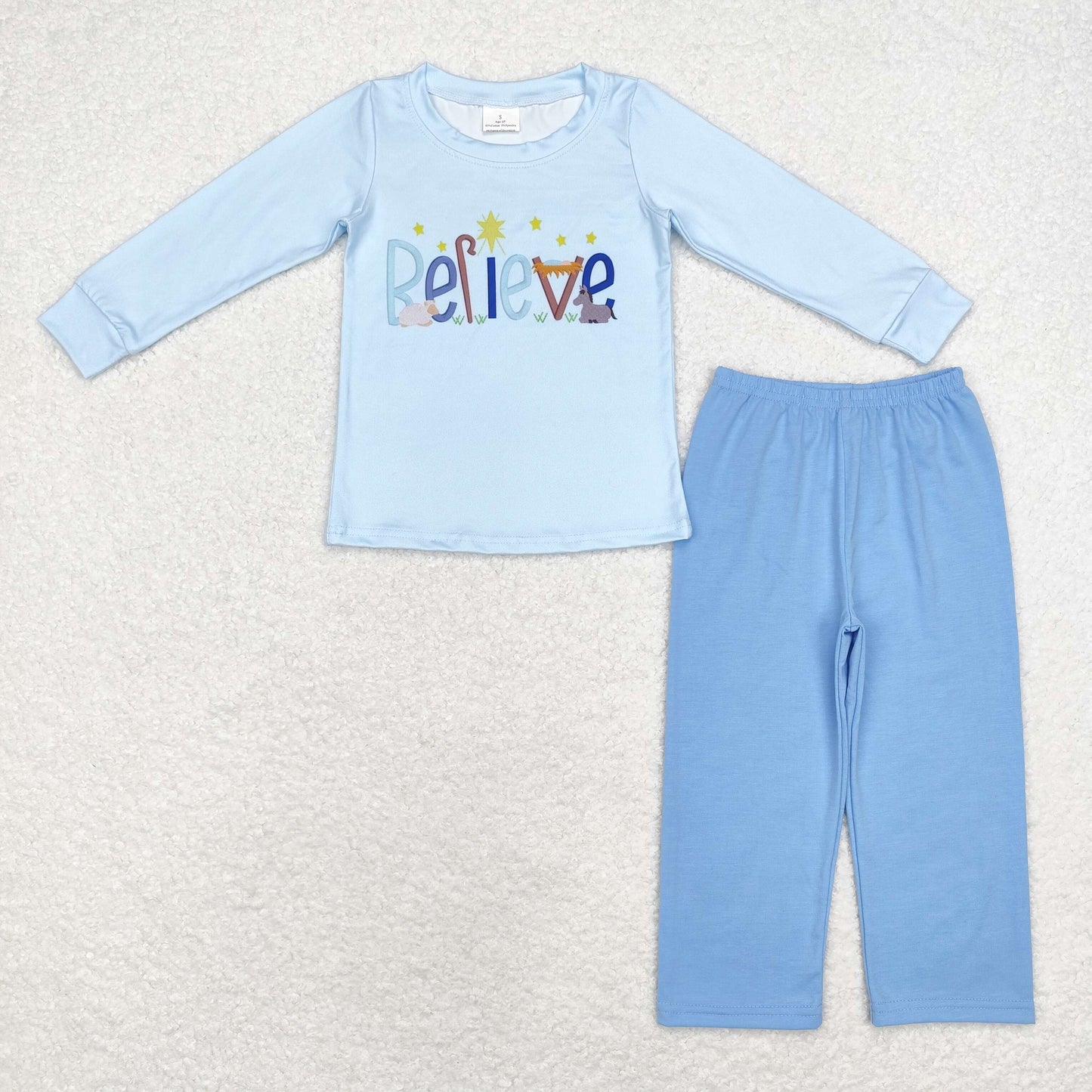 Baby Sibling Girls Boys Chrismtas Believe Blue Pants Outfit