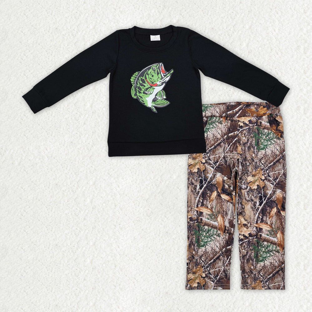 Baby Boys Black Long Sleeves Fish Print Top Brown Bottomland Camo Pant Set