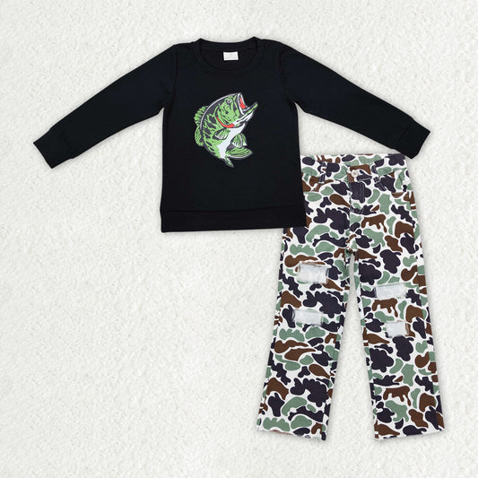 Baby Boys Black Long Sleeves Fish Print Top Green Brown Camo Denim Pant Set