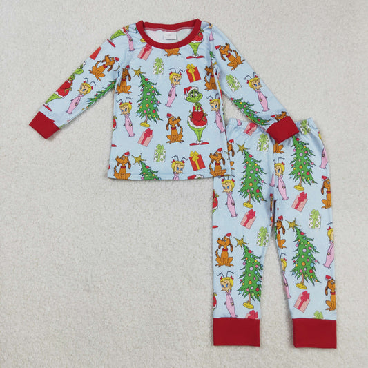 BLP1189 Kids Boys Christmas Green Face Long Sleeve Pajama Set