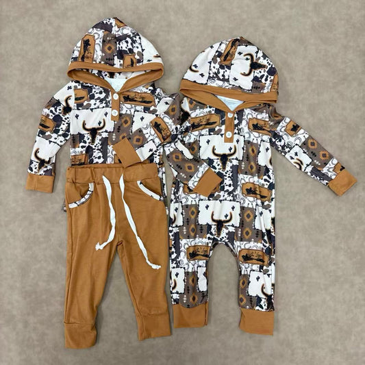 Sibling Baby Boys Western Bow Hooded Top Jogger Set /Romper