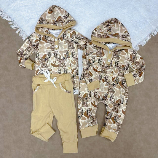 Sibling Baby Boys Hunting Camo Deer Hoodie Set /Romper Long Sleeve