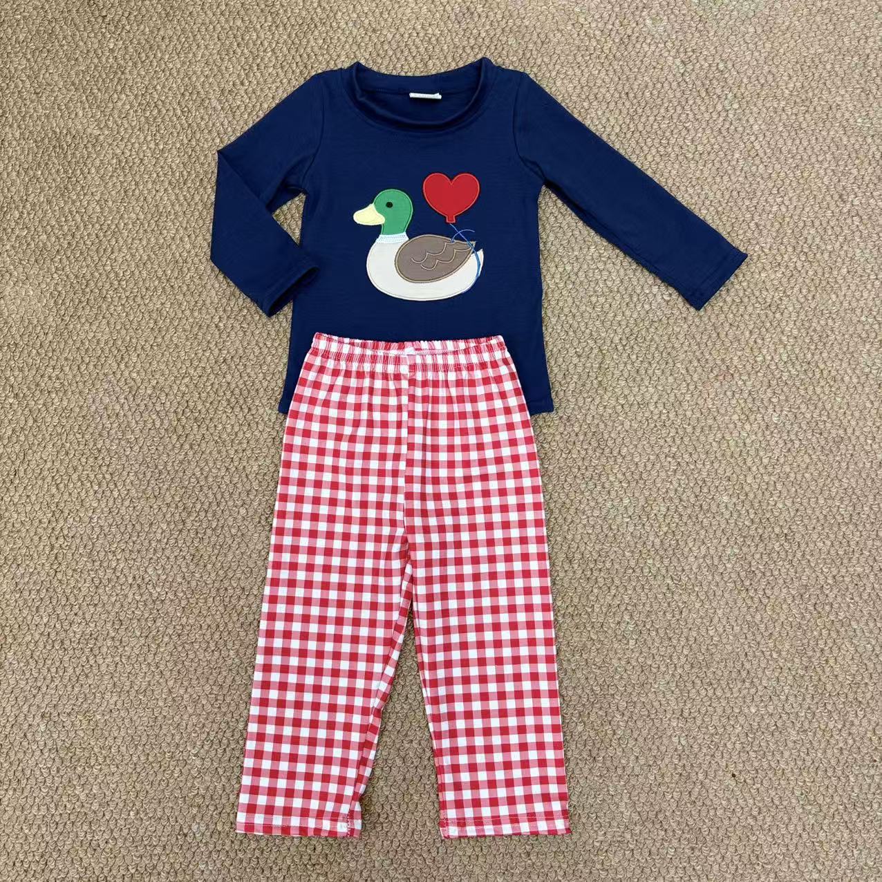 Baby Boys  Mallard Duck Heart Top With Red Gingham Pants Set