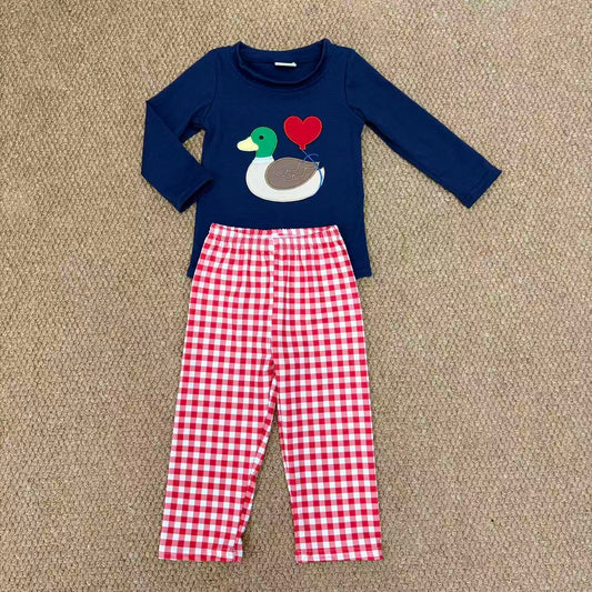 Baby Boys  Mallard Duck Heart Top With Red Gingham Pants Set