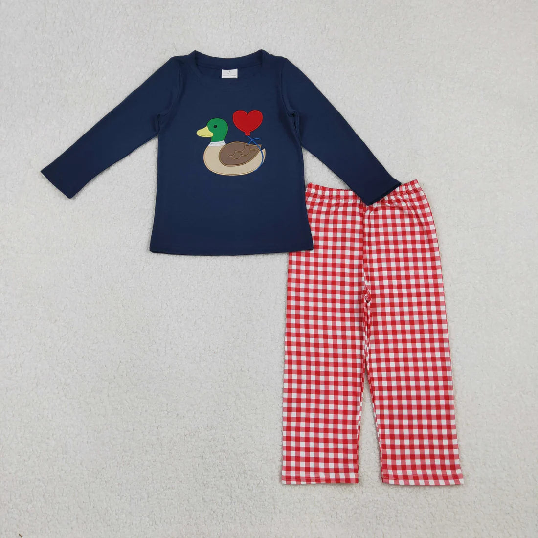 Sibling Valentine's Day Embroidery Duck Hearts Top Red Checked Pants Outfit