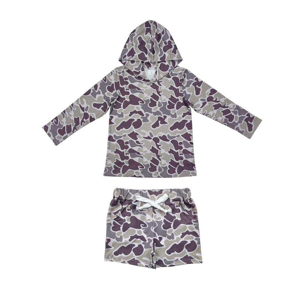 Kids Boys Sibling  Camo Long Sleeve Hoodie Top With Shorts Outfit