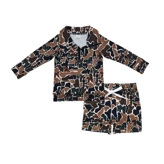 Kids Boys Brown Camo Long Sleeve Pullover With Shorts Set