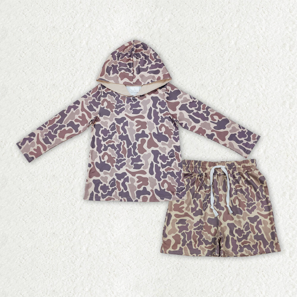 Baby Boys Light Brown Camo Long Sleeve Hoodie Top with Shorts Outfit