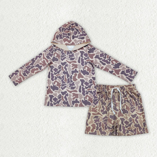 Baby Boys Light Brown Camo Long Sleeve Hoodie Top with Shorts Outfit