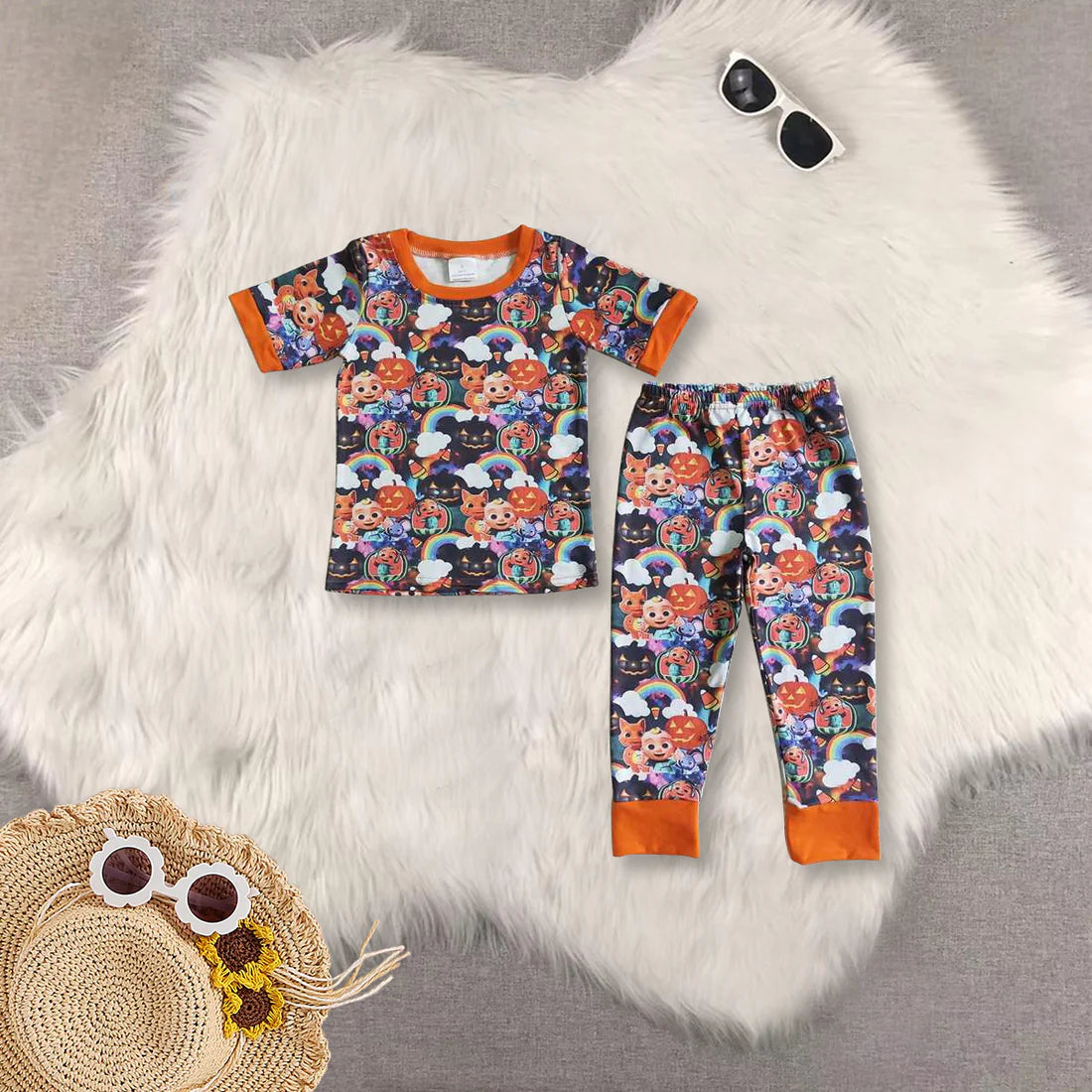 Sibling Baby Boys  Halloween Cartoon Short Sleeve Top With Pants Pajama Set