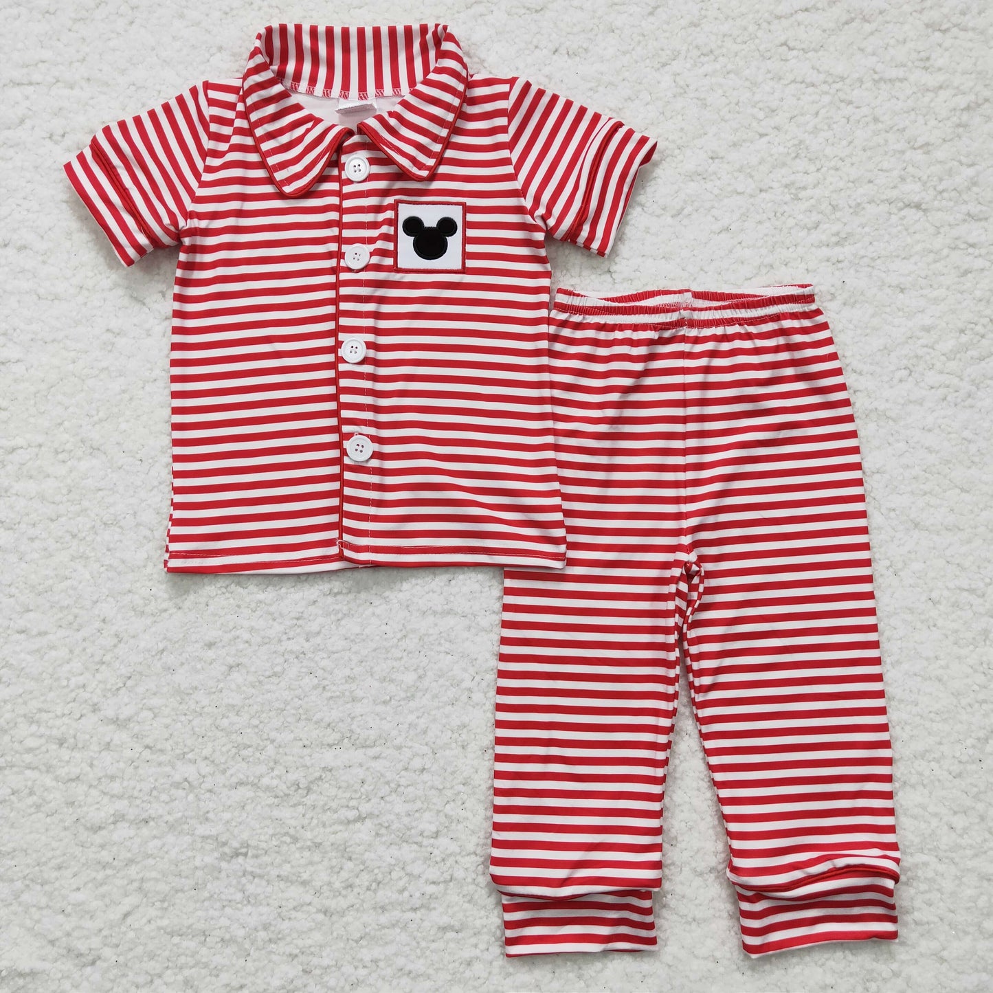 Baby Boys Red Stripe Short Sleeves Button Down Cartoon Mouse Pocket Top Pant Pajamas Set