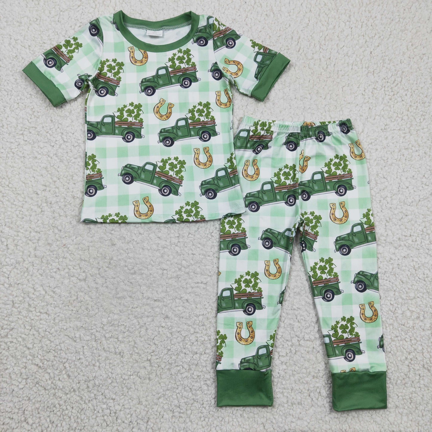 Baby Boys Green Plaid Clovers Trucks Top Pant St Patrick Pajamas Set