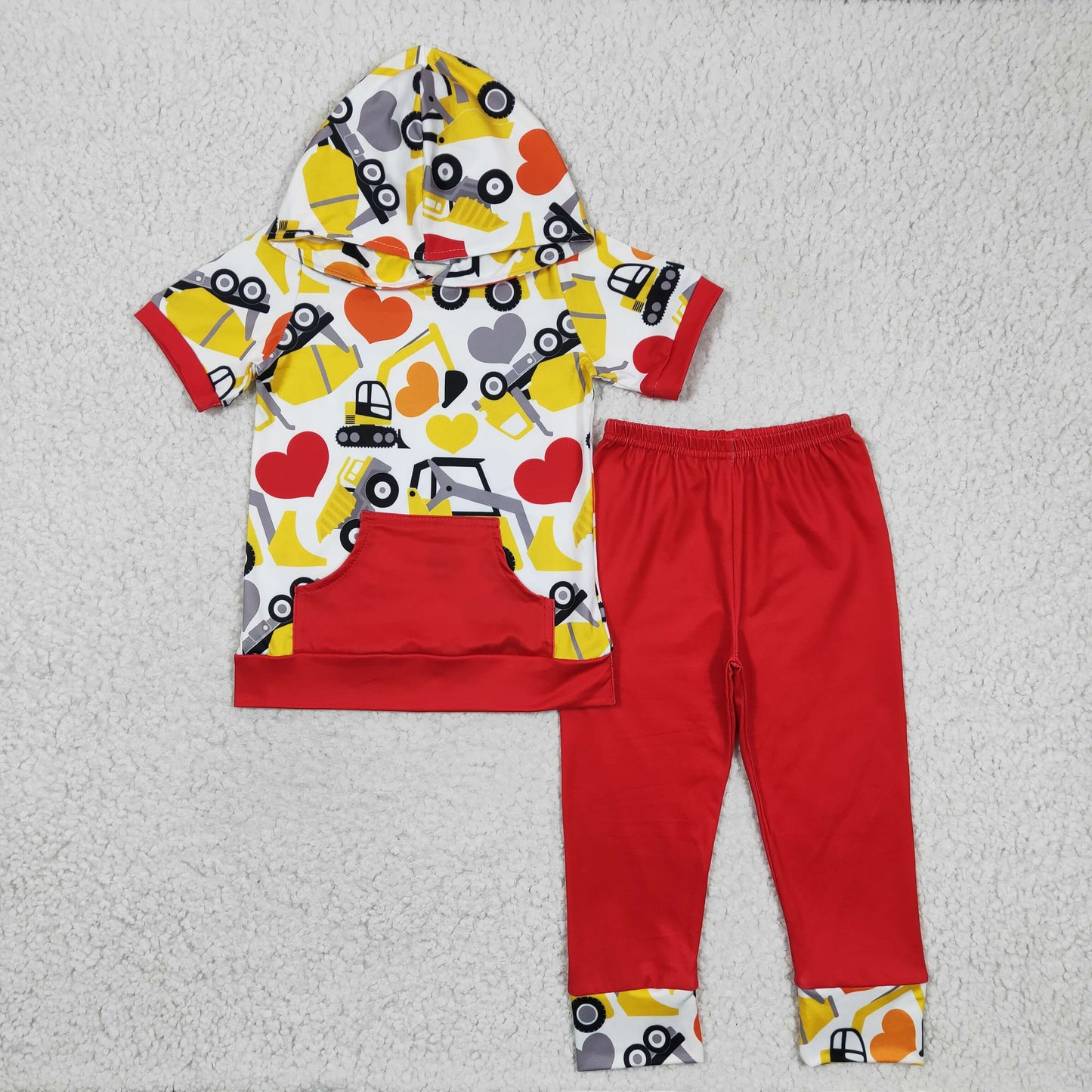 Baby Boys Excavators Hearts Short Sleeves Pocket Hoodie Red Pant Promotion Set